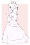 1girl artist_name bangs blue_eyes border brooch chocomiru closed_mouth crown dress earrings full_body jewelry long_dress long_hair monochrome own_hands_together pink_background princess_peach signature simple_background sketch smile solo super_mario_bros. super_smash_bros. tiara unfinished white_border