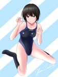  1girl amagami artist_name bangs black_hair black_legwear black_swimsuit blue_background blue_swimsuit breasts brown_eyes claw_pose closed_mouth collarbone commentary competition_swimsuit covered_navel curled_fingers diagonal_stripes full_body groin hair_between_eyes hanna_lancaster highleg highleg_swimsuit highres light_blush looking_at_viewer medium_breasts nanasaki_ai on_ground one-piece_swimsuit short_hair signature sitting smile socks solo striped swimsuit tomboy two-tone_background two-tone_swimsuit wariza white_background 
