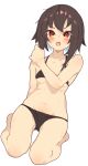  1girl arm_support bangs bare_shoulders bikini black_bikini blush breasts brown_hair collarbone fang groin hair_between_eyes halterneck hand_up highres kono_subarashii_sekai_ni_shukufuku_wo! looking_at_viewer lowleg lowleg_bikini megumin navel open_mouth rasusurasu red_eyes short_hair_with_long_locks simple_background sitting skin_fang skindentation small_breasts solo stomach swimsuit tsurime under_boob v-shaped_eyebrows wariza white_background 