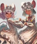  2girls absurdres animal_ears apron dark-skinned_female dark_skin dress fate/grand_order fate_(series) grey_dress highres holding_hands long_sleeves m0_chi maid maid_headdress mouse_ears mouse_girl mouse_tail multiple_girls red_eyes riyo_servant_(mice)_(fate) short_hair tail white_apron white_hair 