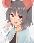  1girl animal_ears bangs blue_capelet capelet commentary_request dakuazu face grey_hair grey_vest jewelry long_sleeves mouse_ears mouse_girl nazrin necklace open_mouth red_eyes shirt short_hair simple_background solo touhou upper_body vest white_background white_shirt 