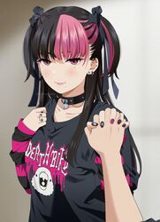  1girl 1other black_choker black_hair black_nails black_ribbon blurry blurry_background chain choker collarbone ear_piercing earrings fingernails gothic hair_ribbon heart heart_choker heart_earrings holding holding_hands jewelry lock long_hair mattaku_mousuke mole mole_under_eye mole_under_mouth multicolored_hair nail_art original parted_lips piercing pink_eyes pink_hair pink_lips pov pov_hands purple_nails ribbon ring smile streaked_hair twintails twitter_username watermark 