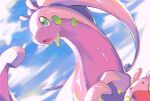  blurry chromatic_aberration clouds commentary_request day goodra goomy green_eyes highres no_humans open_mouth outdoors pokemon pokemon_(creature) shiny sky slime_(substance) tako2_eaka tongue 