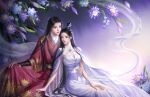  1boy 1girl absurdres beads black_hair dress flower hair_bun hair_ornament hand_on_hip hand_on_own_knee highres long_hair looking_away lu_xueqi_(zhu_xian) lu_xueqi_tongren_ye white_dress zhu_xian 