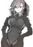  1girl arms_behind_back asymmetrical_bangs bangs bodysuit braid braided_bangs breasts ekuesu girls_frontline greyscale hair_between_eyes highres large_breasts licking_lips monochrome sketch solo spas-12_(girls&#039;_frontline) thigh_gap tongue tongue_out white_background 