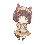  1girl animal_ears apron bangs brown_apron brown_hair character_request chibi dress enonko full_body halloween_costume horse_ears horse_girl horse_tail looking_at_viewer maid maid_apron maid_headdress open_mouth orange_dress short_hair short_sleeves simple_background solo tail umamusume violet_eyes white_background 