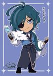  1boy bangs blue_background blue_eyes blue_hair chibi closed_mouth dark-skinned_male dark_skin earrings eyepatch fingerless_gloves genshin_impact glasses gloves hair_between_eyes holding jewelry kaeya_(genshin_impact) long_hair long_sleeves shirt simple_background smile vest yuu_(mboj_fdk) 