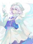  1girl blue_vest cape commentary gloves highres juliet_sleeves letty_whiterock long_sleeves looking_at_viewer nixyaooooon one-hour_drawing_challenge puffy_sleeves purple_hair shirt short_hair skirt smile snowflakes solo sparkle touhou trident_ornament turtleneck vest violet_eyes white_cape white_gloves white_headwear white_shirt white_skirt 
