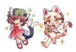  2girls :d animal_ears bangs barefoot bei_iii bell blush bow bowtie brown_eyes brown_hair cat_ears cat_tail chibi coin commentary dress earrings gold green_headwear hat highres jewelry koban_(gold) long_sleeves mob_cap multicolored_hair multiple_girls multiple_tails neck_bell nekomata orange_eyes orange_hair patch paw_pose puffy_short_sleeves puffy_sleeves red_dress shirt shoes short_sleeves skirt skirt_set slit_pupils smile socks sparkle tail touhou two_tails white_footwear white_hair white_shirt white_skirt yellow_bow 