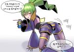  1girl absurdres blush doll_joints duel_monster el_shaddoll_winda gomrang green_eyes green_hair highres holding joints kneeling korean_commentary long_hair looking_at_viewer open_mouth ponytail solo translation_request wd-40 white_background yu-gi-oh! 