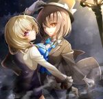  2girls ;) alternate_costume arm_up ascot black_headwear blonde_hair blue_ascot blue_bow blue_bowtie blue_vest bow bowtie bright_pupils brown_eyes brown_hair cane closed_mouth commentary_request eyebrows_visible_through_hair eyelashes formal frilled_sleeves frills gloves hair_between_eyes hand_on_headwear hat hat_ribbon highres kinese_(katasutorohu) lamppost looking_at_viewer maribel_hearn multiple_girls one_eye_closed ribbon shirt short_hair smile suit_jacket touhou usami_renko vest violet_eyes white_bow white_bowtie white_gloves white_pupils white_shirt 