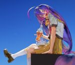  1girl ahoge bangs blue_eyes blue_hair blush bottle drinking_straw glass_bottle gradient_hair hair_between_eyes heart heart-shaped_pupils highres holding holding_bottle kneehighs loafers long_hair looking_at_viewer multicolored_hair open_mouth original pink_hair pink_pupils pleated_skirt purple_hair sailor_collar school_uniform serafuku shoes short_sleeves sitting skirt solo stuffed_toy stuffed_whale symbol-shaped_pupils very_long_hair white_legwear yellow_sailor_collar yellow_skirt yexianchtun 