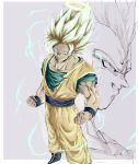  1boy blonde_hair boots clenched_hands commentary_request dougi dragon_ball dragon_ball_z energy fantasy halo highres long_hair majin_vegeta male_focus muscular ramin0406 saiyan simple_background smile solo son_goku spiky_hair standing super_saiyan super_saiyan_2 vegeta white_background 