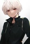  1boy bangs blue_jacket closed_mouth crossed_bangs frown grey_background hair_between_eyes highres hzmwa jacket kuga_yuuma long_sleeves looking_at_viewer male_focus red_eyes simple_background solo uniform upper_body white_hair world_trigger 