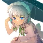  1girl apron bangs blue_eyes blurry blurry_background blush bow bowtie braid depth_of_field dress eyebrows_visible_through_hair frills green_bow green_ribbon hair_bow holding holding_umbrella izayoi_sakuya looking_at_viewer maid maid_apron maid_headdress puffy_short_sleeves puffy_sleeves ribbon shiroi_karasu shirt short_hair short_sleeves silver_hair smile solo touhou twin_braids umbrella upper_body white_apron white_shirt 