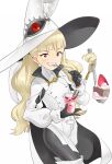  1girl bangs black_gloves blonde_hair blunt_bangs cake cup earrings eitri_(fire_emblem) eyebrows_visible_through_hair fire_emblem fire_emblem_heroes food fruit gloves hat highres holding holding_cup holding_spoon igni_tion jewelry long_hair long_sleeves looking_at_viewer parfait prehensile_hair puffy_sleeves smile solo spoon strawberry teeth tri_tails utensil_in_mouth violet_eyes white_background white_headwear witch_hat 