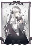  1girl bangs black_bow border bow bowtie dress frills grey_eyes hair_bow hair_bun highres long_hair long_sleeves looking_at_viewer naru_(ul) original solo star_(symbol) white_hair 