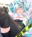  1girl absurdres asymmetrical_bodysuit black_bodysuit blue_eyes blue_hair blush bodysuit boots caution_tape crop_top cropped_jacket crossed_legs eyebrows_visible_through_hair eyelashes flame_print goodsmile_racing hatsune_miku highres keep_out long_hair looking_at_viewer open_mouth racing_miku racing_miku_(2022) single_thigh_boot single_thighhigh skindentation thigh-highs thigh_boots thighs twintails two-tone_gloves vocaloid yusha_(lv1_yusha_522) 