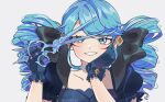  1girl artist_name bangs blue_eyes blue_hair blush bow collarbone drill_hair frilled_gloves frills gloves grin gwen_(league_of_legends) hair_bow hairband hand_on_own_cheek hand_on_own_face highres holding holding_scissors isosceless league_of_legends long_hair oversized_object puffy_short_sleeves puffy_sleeves scar scissors short_sleeves smile smirk solo teeth twin_drills twintails 