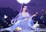  1girl black_hair bug butterfly dress earrings feng_wu_huai_hua_2020 flower hair_bun in_water jewelry long_hair lu_xueqi_(zhu_xian) moon mountain solo water white_dress zhu_xian 