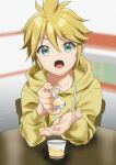  1boy aqua_eyes bangs blonde_hair blue_eyes blurry blurry_background chair commentary_request eyebrows_visible_through_hair feeding food giving hair_between_eyes holding holding_food holding_spoon hood hoodie incoming_food kagamine_len kikuchi_mataha looking_at_viewer male_focus open_mouth pov_across_table sitting spoon table teeth vocaloid yellow_nails 