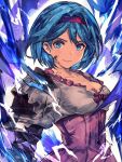  1girl armor bangs blue_eyes blue_hair breasts closed_mouth collarbone djeeta_(granblue_fantasy) dress gauntlets granblue_fantasy guider_to_the_eternal_edge hairband highres looking_at_viewer monogrbl pink_dress red_hairband short_hair shoulder_armor smile solo upper_body 