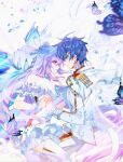 1boy 1girl bug butterfly couple cover cover_page douluo_dalu dress frills hei_zhi_shi holding_hands looking_at_another multicolored_hair official_art pants tang_wutong_(douluo_dalu) thigh-highs third-party_source uniform white_dress wings 