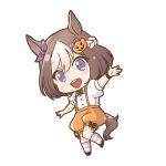  1girl :d animal_ears bangs bow brown_hair chibi enonko hair_bow hair_ornament halloween_costume horse_ears horse_girl horse_tail looking_at_viewer multicolored_hair open_mouth orange_shorts overall_shorts overalls shirt short_hair short_sleeves shorts simple_background smile solo special_week_(umamusume) streaked_hair striped striped_legwear tail umamusume violet_eyes white_background white_shirt 
