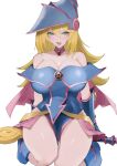  1girl bare_shoulders blonde_hair blue_footwear blush blush_stickers breasts bridal_gauntlets capelet dark_magician_girl duel_monster eyebrows_visible_through_hair fingerless_gloves gem gloves green_eyes hair_between_eyes hat highres huge_breasts kataku_musou large_breasts long_hair looking_at_viewer open_mouth pelvic_curtain pentagram seiza simple_background sitting solo thick_thighs thigh_gap thighs wand white_background wizard_hat yu-gi-oh! 