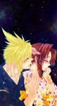  1boy 1girl 39cva aerith_gainsborough alternate_costume bangs blonde_hair blush brown_hair closed_eyes cloud_strife covering_mouth final_fantasy final_fantasy_vii floral_print hair_ribbon hand_on_another&#039;s_shoulder hand_over_own_mouth highres holding_another&#039;s_wrist hug hug_from_behind japanese_clothes lower_teeth night night_sky open_mouth parted_bangs ribbon sidelocks sky spiky_hair teeth upper_body 