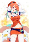  1girl :d armpits arms_behind_head arms_up bangs bare_shoulders beret chef_hat commentary crop_top detached_sleeves eyebrows_visible_through_hair green_hair hat hololive hololive_english kutata long_sleeves looking_at_viewer midriff mini_hat navel orange_hair orange_headwear orange_shirt orange_skirt puffy_long_sleeves puffy_sleeves shirt skirt sleeveless sleeveless_shirt smile solo takanashi_kiara thigh-highs tilted_headwear violet_eyes virtual_youtuber white_headwear white_legwear white_sleeves 