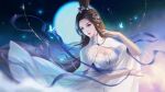  1girl absurdres black_hair bug butterfly dress expressionless gem hair_bun hair_ornament highres long_hair long_sleeves long_yu_1314520 lu_xueqi_(zhu_xian) moon solo upper_body white_dress zhu_xian 