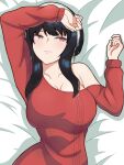  1girl arm_over_head bangs bed_sheet black_bitou black_hair blush breasts closed_mouth earrings gold_earrings hairband highres jewelry large_breasts long_hair looking_away looking_to_the_side lying off-shoulder_sweater off_shoulder on_back raised_eyebrows red_eyes red_sweater sidelocks single_bare_shoulder solo spy_x_family sweater upper_body white_hairband yor_briar 