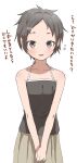  1girl black_camisole black_hair blush brown_eyes brown_skirt camisole commentary_request hair_ornament hairclip highres looking_at_viewer original short_hair simple_background skirt sleeveless solo translation_request white_background yamamoto_souichirou 