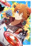  1boy bangs bib blue_eyes earrings english_text flower food genshin_impact gloves hair_between_eyes happy_birthday holding jacket jewelry male_focus mask mask_on_head meat orange_hair plate signature simple_background single_earring sunflower tartaglia_(genshin_impact) yuu_(mboj_fdk) 