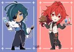  2boys bangs black_shirt blue_background blue_eyes blue_hair burger chibi closed_mouth dark-skinned_male dark_skin diluc_(genshin_impact) earrings eyepatch fingerless_gloves food formal genshin_impact glasses gloves hair_between_eyes holding jewelry juice kaeya_(genshin_impact) long_hair long_sleeves meat multiple_boys necktie open_mouth pants plate ponytail red_background red_eyes redhead shirt shoes signature simple_background smile suit translation_request vest vision_(genshin_impact) yuu_(mboj_fdk) 