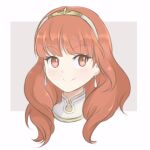  1girl bare_shoulders blush celica_(fire_emblem) chocomiru choker closed_mouth detached_collar earrings fire_emblem fire_emblem_echoes:_shadows_of_valentia fire_emblem_heroes gold_trim headshot jewelry looking_at_viewer lowres medium_hair princess red_eyes redhead sketch smile solo tiara upper_body 