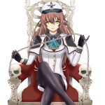  1girl brown_hair capelet_lift chair crossed_legs eiyuu_densetsu gloves green_eyes hat highres long_hair long_sleeves looking_at_viewer older sen_no_kiseki simple_background skull smile solo thigh-highs towa_herschel uniform white_background xenaphantasm 