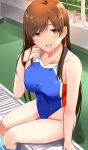  1girl absurdres bangs bare_shoulders blue_swimsuit blush breasts brown_eyes brown_hair collarbone covered_navel ekaki_kukuma highres idolmaster idolmaster_cinderella_girls large_breasts long_hair looking_at_viewer nitta_minami one-piece_swimsuit open_mouth poolside school_swimsuit sitting smile solo swimsuit thighs wet 