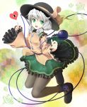  boots glowing green_eyes green_hair hands hat heart kimitoshiin komeiji_koishi open_mouth pantyhose pointing short_twintails silver_hair skirt sleeves_past_wrists smile third_eye touhou twintails wide_sleeves 
