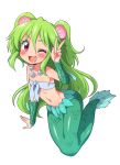  1girl :d bandeau blush green_hair jewelry kanya_pyi long_hair mermaid monster_girl muromi-san namiuchigiwa_no_muromi-san navel necklace open_mouth red_eyes scales seashell shell simple_background smile solo two_side_up v white_background wink 
