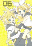  apricot+ ascot blonde_hair blue_eyes blush bow brother_and_sister hair_bow hair_ornament hairclip headphones highres holding_hands kagamine_len kagamine_rin kneehighs shorts siblings twins vocaloid 