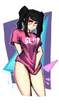  1girl bangs bare_legs black_hair blush breasts djsaturn embarrassed highres holding jill_stingray looking_up medium_breasts medium_hair pink_shirt shirt short_sleeves short_twintails thigh-highs thighs twintails va-11_hall-a white_background 