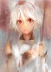  1girl albino animal_ears bare_shoulders detached_sleeves hand_on_own_chest hat inubashiri_momiji long_sleeves looking_at_viewer matsuda_(matsukichi) oriental_umbrella pom_pom_(clothes) red_eyes shirt short_hair solo string tokin_hat touhou umbrella white_hair wide_sleeves wolf_ears 