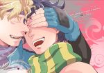  2boys artist_name black_hair blonde_hair caesar_anthonio_zeppeli close-up closed_eyes colored_eyelashes copyright_name cover cover_page covering_eyes facial_mark fingerless_gloves fingernails gloves hands jojo_no_kimyou_na_bouken joseph_joestar_(young) laughing male multiple_boys open_mouth pink_background scarf short_hair striped striped_clothes striped_scarf vertical_stripes yumiya 