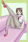  ass bow brown_eyes brown_hair couch gray_pantyhose hair_bow high_heels legs long_legs open_mouth panties panties_under_pantyhose pantyhose real_drive school_uniform shoes thick_thighs underwear uraharukon 