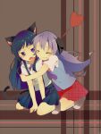  animal_ears blue_hair cat_ears cat_girl cat_tail closed_eyes duplicate fang furude_rika hanyuu heart higurashi_no_naku_koro_ni horns hug jpeg_artifacts kotatsu_neneko long_hair multiple_girls no_shoes open_mouth purple_eyes purple_hair short_sleeves skirt smile smiling tail two_girls yuri 