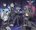  animal_ears black_hair blade blade_(lovewn) blonde_hair blue_eyes brown_hair cat_ears chair claws dual_wielding facial_mark formal gloves glowing glowing_eyes green_hair long_hair original pointy_ears polearm red_hair short_hair straddle sword weapon white_hair 