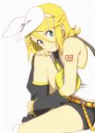  bad_id bare_shoulders blonde_hair detached_sleeves h_(pixiv188717) hair_ornament hair_ribbon hairclip hands_on_knees kagamine_rin leg_hug leg_warmers nail_polish ribbon sailor_collar short_hair shorts sitting smile solo tattoo vocaloid 