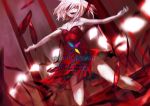 1girl adapted_costume bare_arms bare_legs bare_shoulders crazy_eyes crazy_smile dress flandre_scarlet glowing glowing_wings looking_at_viewer outstretched_arms pink_hair red_dress silver_hair sleeveless sleeveless_dress solo tmt torn_clothes torn_dress touhou wings 